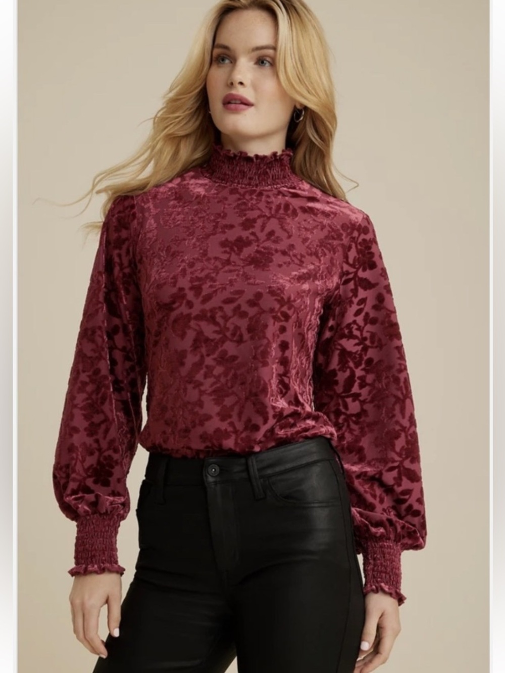Maurices Burgundy Velvet Burnout Blouse